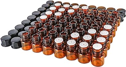 50 pack 1 ml 1/4 Dram Mini Amber Glass Essential Oils Sample Bottles with Black Caps for Essential Oils,Chemistry Lab Chemicals,Colognes & Perfumes.3 plastic droppers as gift.