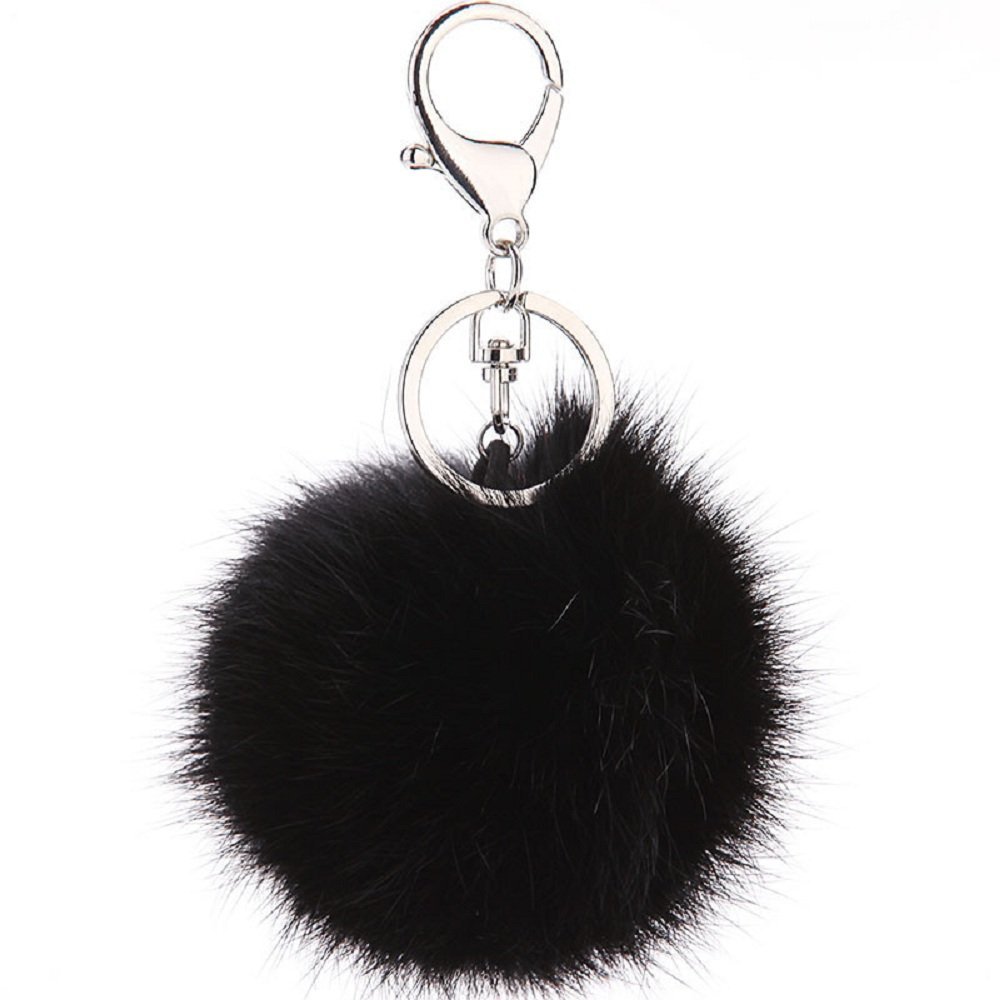CHMING Cute Genuine Rabbit Fur Ball Pom Pom Keychain for Car Key Ring Handbag Tote Bag Pendant Black