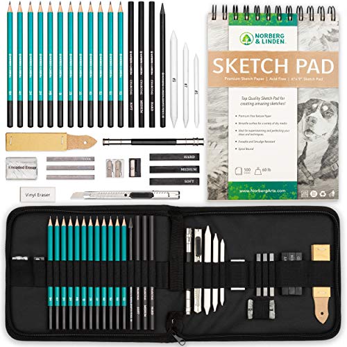 Book Cover XL Drawing Set - Sketching, Graphite and Charcoal Pencils. Includes 100 Page Drawing Pad, Kneaded Eraser, Blending Stump. Art Kit and Supplies for Kids, Teens and Adults.