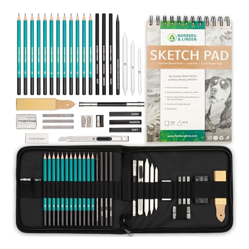 Norberg & Linden XL Drawing Set - Sketching, Graphite and Charcoal Pencils. Includes 100 Page Drawing Pad, Kneaded Eraser, Blending Stump. Art Kit and Supplies for Teens and Adults