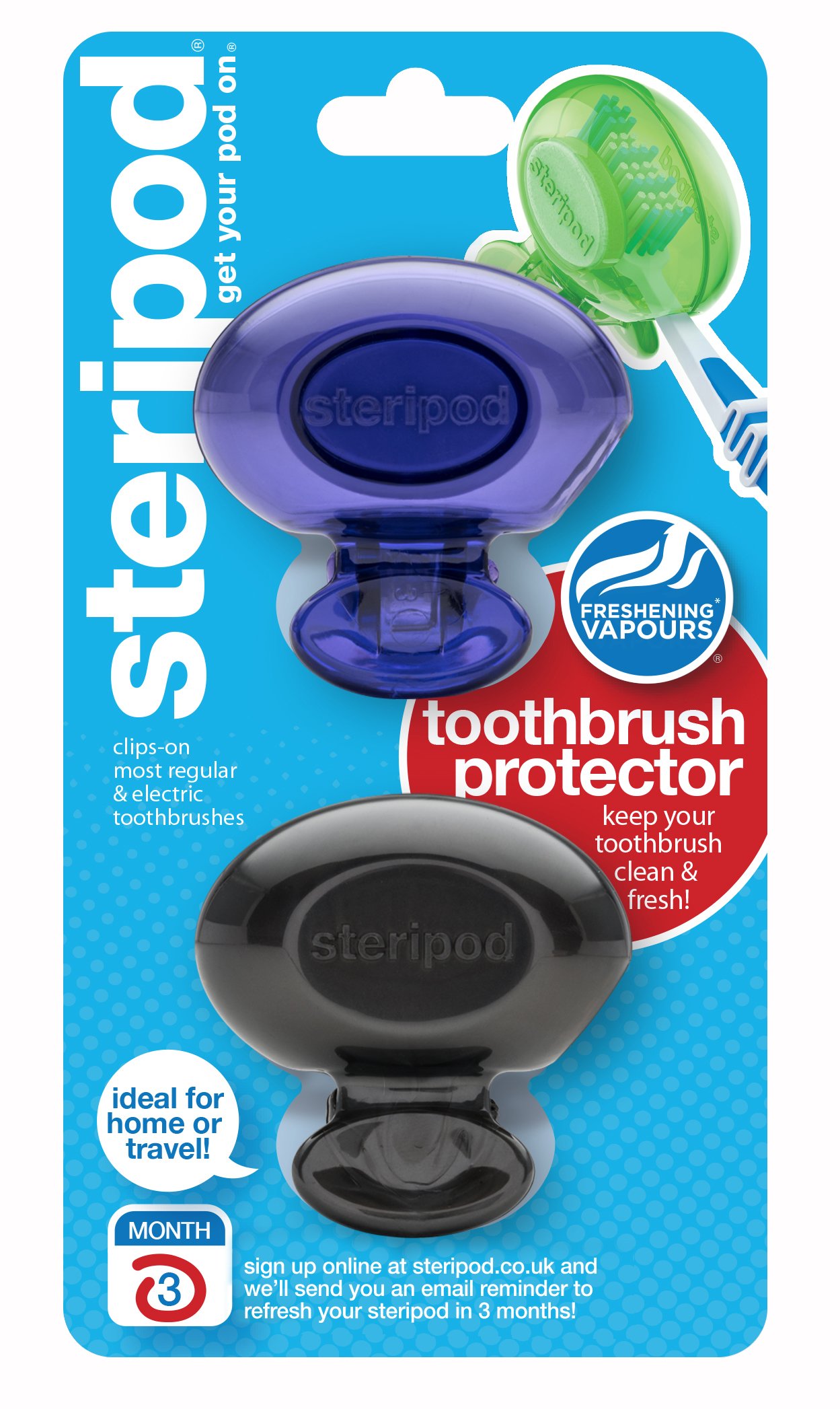 Book Cover Steripod Clip-on Toothbrush Protector (2-Pack Violet & Black Pearl) I Protects Against Soap, Dirt and Hair I For Travel, Home, Camping