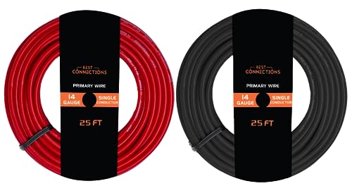 BEST CONNECTIONS 14-Gauge Automotive Primary Wire Bundle (25ft Each, Red & Black) | Ideal for Car Audio, Automotive, and Trailer | Durable Primary/Remote, Power/Ground Electrical Wiring
