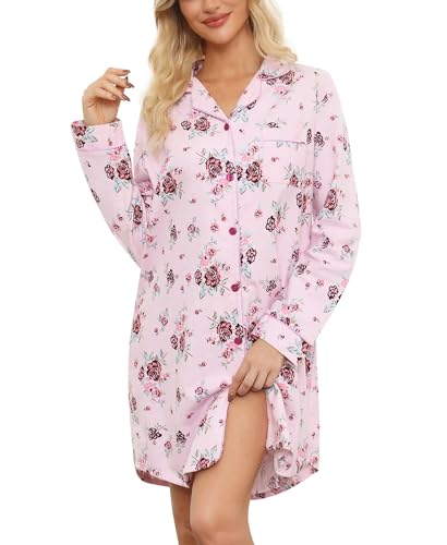 ENJOYNIGHT Women's Sleep Shirt Flannel Print Pajama Top Button-Front Nightshirt Sleepwear