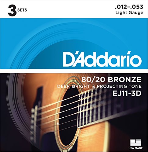Book Cover D'Addario EJ11-3D 80/20 Bronze Acoustic Guitar Strings, 12-53, 3 Sets, Light