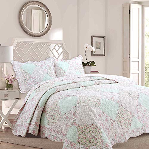Book Cover Cozy Line Home Fashions La Rosa RÃªve Quilt Bedding Set, Floral Pink Green Rose Flower 3D Real Patchwork,100% Cotton Reversible Coverlet Bedspread Set (Pink Roses, Full/Queen - 3 Piece)