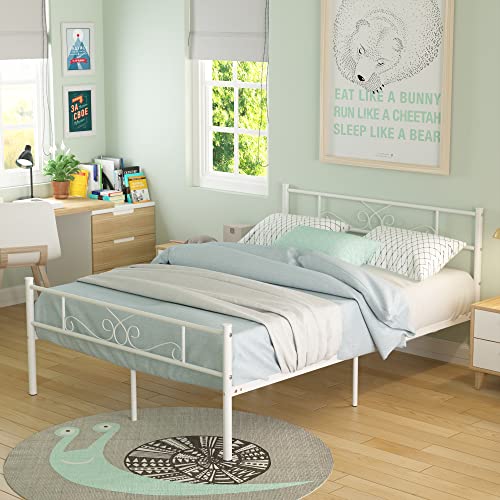 Book Cover SimLife Full Bed Frame with Headboard and Footboard Mattress Foundation Support Metal Platform Bed No Box Spring Needed, Popular Style White
