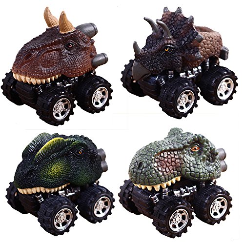 Book Cover Pull Back Dinosaur Cars, Pawaca 4-Pack Dino Cars Toys with Big Tire Wheel for 3-14 Year Old Boys Girls Creative Gifts for Kids
