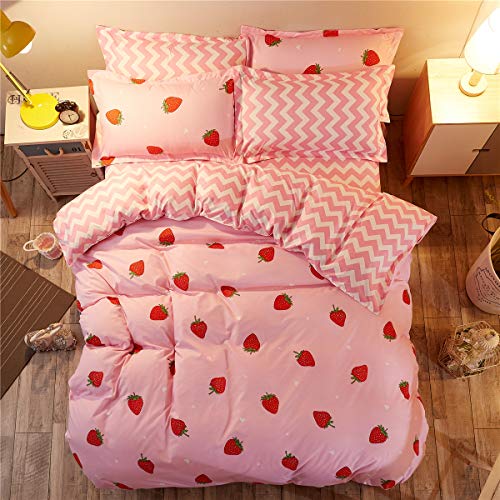 Book Cover LAMEJOR Duvet Cover Set Queen Size Red Strawberry/Chevron Pattern Reversible Sweet Soft Bedding Set Comforter Cover (1 Duvet Cover+2 Pillowcases) Pink