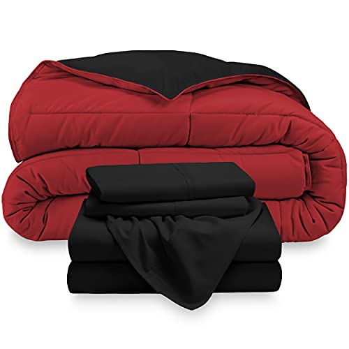 Book Cover 4-Piece Reversible Bed-In-A-Bag - Twin XL (Comforter: Black / Red, Sheet Set: Black)