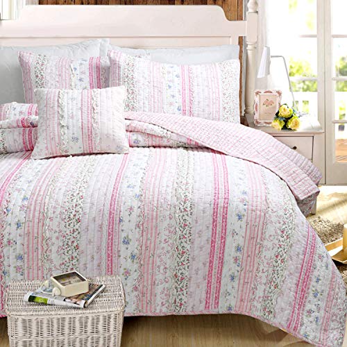 Book Cover Cozy Line Home Fashions Pink Rose Blue Flower Floral Printed Lace Stripe 100% Cotton Reversible Bedding Quilt Set (Pink Lace, Full/Queen -3 Piece)