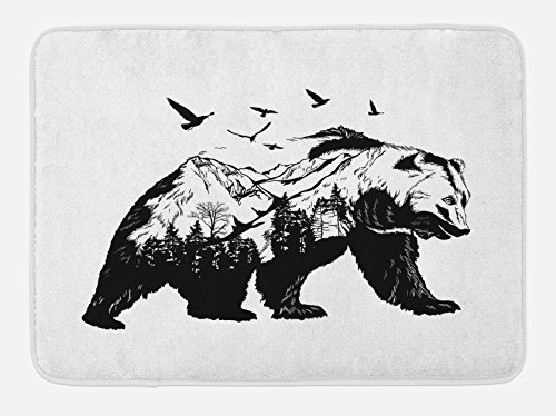 Ambesonne Bear Bath Mat, Mammal Silhouette Mountain Landscape Flying Birds and Forest Wildlife Design, Plush Bathroom Decor Mat with Non Slip Backing, 30.2" x 20", Black Cream