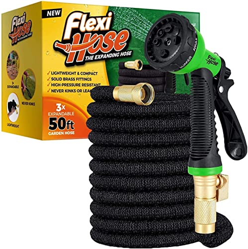 Book Cover Flexi Hose with 8 Function Nozzle Expandable Garden Hose, Lightweight & No-Kink Flexible Garden Hose, 3/4 inch Solid Brass Fittings and Double Latex Core, 50 ft Black
