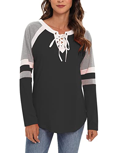 Famulily Women's Lace Up Front Long Sleeve Tops Striped Crew Neck Raglan Baseball Tee Shirt