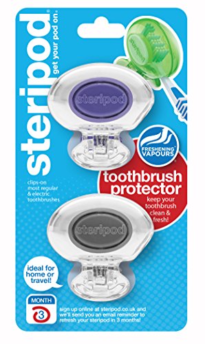 Book Cover Steripod Clip-on Toothbrush Protector (2-Pack Clear Purple & Clear Silver) I Protects Against Soap, Dirt and Hair I for Travel, Home, Camping