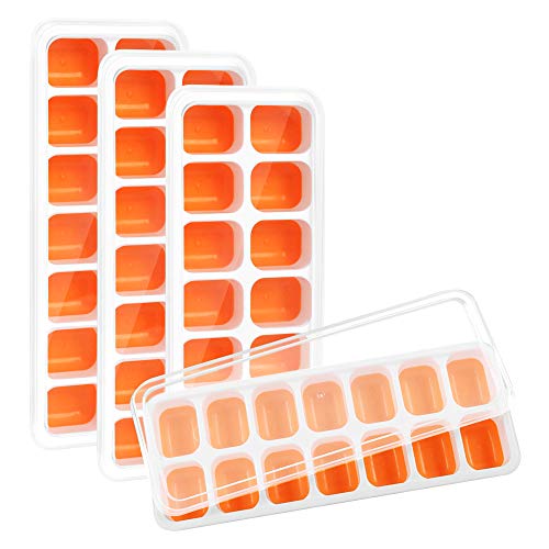 Kootek 4 Pack Silicone Ice Cube Trays with Lid - BPA Free Flexible 56-Ice Cubes Molds Easy Release Ice Trays with Spill-Resistant Removable Cover, Dishwasher Safe and Stackable Durable (Orange)