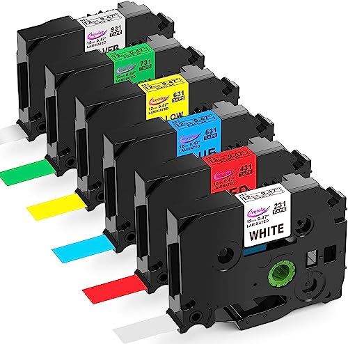 6 Pack Compatible with Brother P Touch 12mm 0.47 Inch Laminated TZ Label Maker Tape TZe TZ Label Tape for Brother Ptouch PT-D220 PT-D210 PT-H110 PT-D410 D600, White/Silver/Red/Blue/Yellow/Green