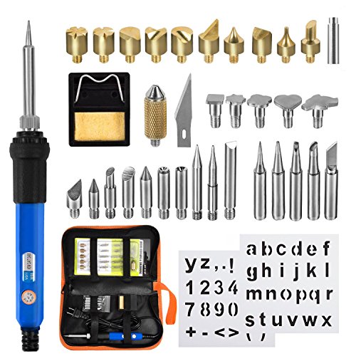 Wood Burning Kit,EletecPro 37Pcs Soldering Iron Set Adjustable Temperature with Soldering Iron Pen, 15 x Wood Burning Tips, 16 x Soldering Tips, 2 x Stencil, Converter
