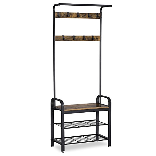 Book Cover SONGMICS Removable Hooks Coat Rack Bench with 2-tier Shoe Rack Entryway Storage Shelf Metal Rustic Style Matte Black UHSR40B