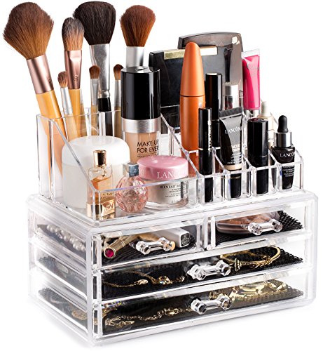 Book Cover Clear Cosmetic Storage Organizer - Easily Organize Your Cosmetics, Jewelry and Hair Accessories. Looks Elegant Sitting on Your Vanity, Bathroom Counter or Dresser. Clear Design for Easy Visibility.