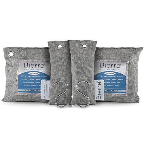 Bierre 4 Pack, 100% Bamboo Activated Charcoal Air Purifying Bags - Eco Friendly Natural Odor Remover - Unscented, Non Chemical - Removes Bacteria, Allergens, Pollutants, Absorbs Moisture, Mold, Mildew