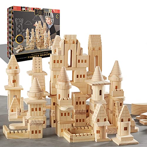 Book Cover FAO Schwarz {150 Piece Set} Wooden Castle Building Blocks Set, Toy Solid Pine Wood Block Playset Kit for Kids, Toddlers, Boys, and Girls