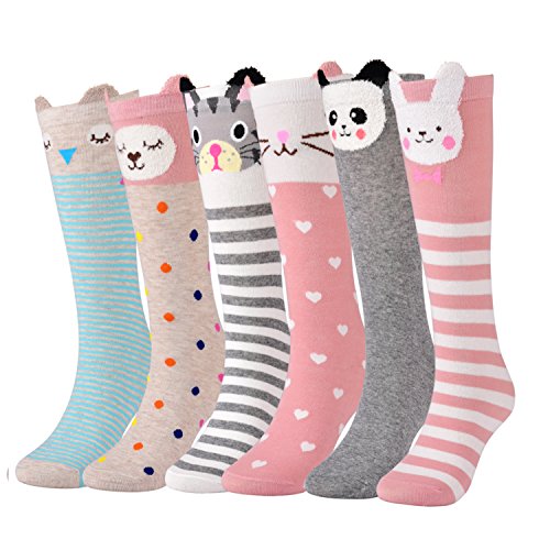 6 Pack Girls Socks, Flanhiri Knee High Stockings Cartoon Animal Warm Cotton Socks -  Multicoloured -