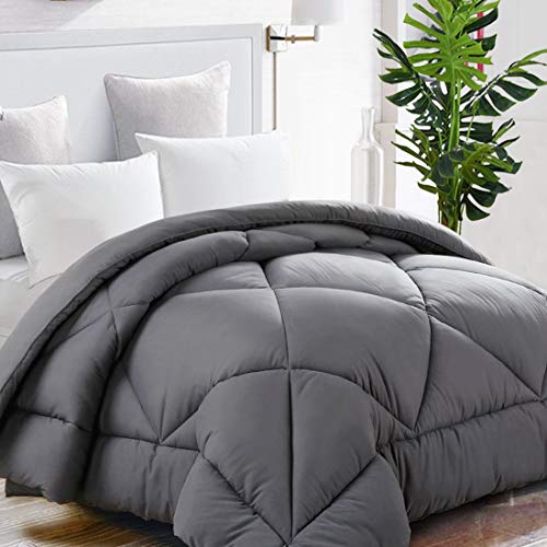 Book Cover TEKAMON All Season Twin Comforter Winter Warm Summer Soft Quilted Down Alternative Duvet Insert Corner Tabs, Machine Washable Luxury Fluffy Reversible Collection for Hotel, Charcoal Grey