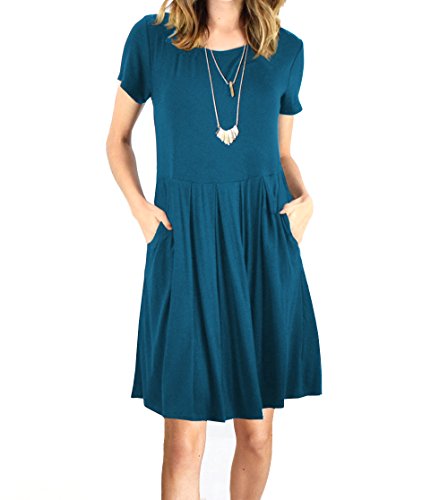 Book Cover Fanfly Women Short Sleeve Pleated Loose Swing Casual T Shirt Dress with Pockets Knee Length