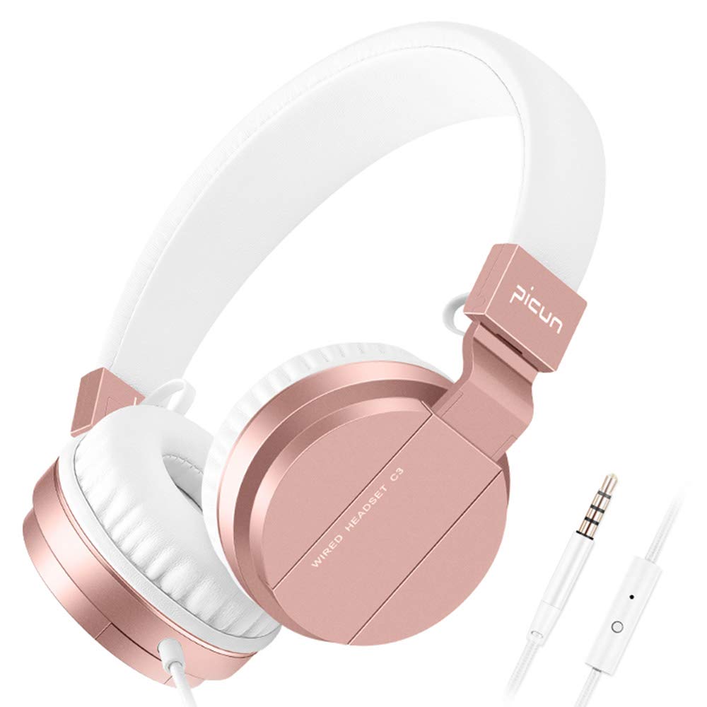 Picun Headphones for Women Girls Over Ear Wired Headphone with Microphone Foldable Stereo Headset for Cell Phone Tablet Laptop TV Computer Work Travel Music Rose Gold