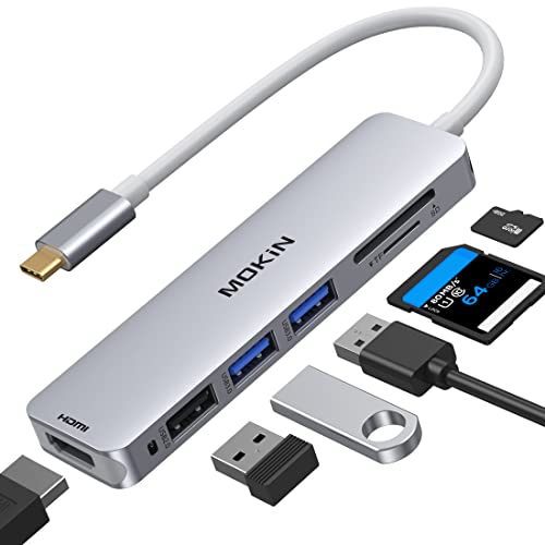 Book Cover USB C Hub HDMI Adapter for MacBook Pro 2019/2018/2017, MOKiN 5 in 1 Dongle USB-C to HDMI, Sd/TF Card Reader and 2 Ports USB 3.0 (Silver)