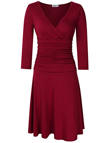 MISSKY Women 3/4 Long Sleeve V Neck Knee Length Cotton Crossover Wrap Ruched Waist Slimming Swing Casual Dress (XXXL, Burgundy)