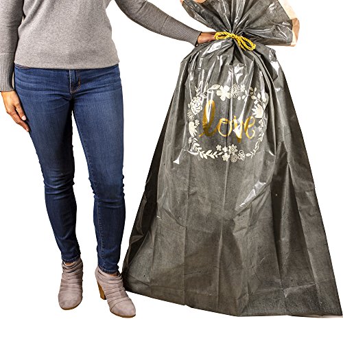 Hallmark 56" Large Plastic Gift Bag (Gold Love, White Flowers) for Engagement Parties, Bridal Showers, Weddings and More