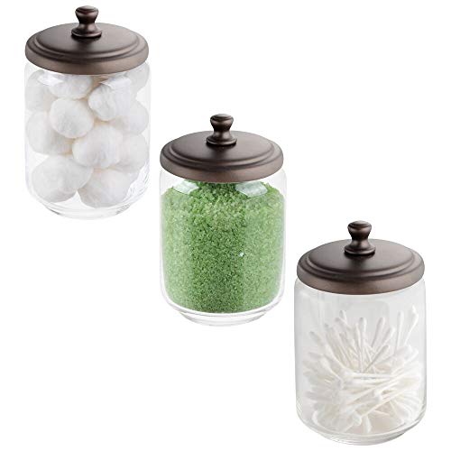 mDesign Modern Glass Bathroom Vanity Countertop Storage Organizer Canister Apothecary Jar for Cotton Swabs, Rounds, Balls, Makeup Sponges, Blender, Bath Salts - 3 Pack - Clear/Bronze