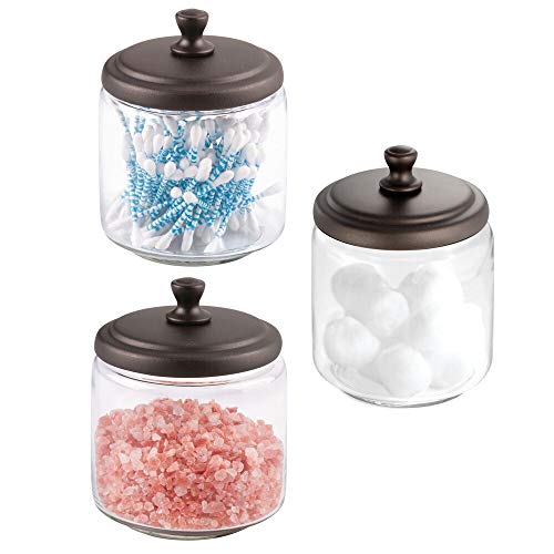 Book Cover mDesign Glass Bathroom Vanity Storage Organizer Canisters Jars for Cotton Balls, Swabs, Makeup Sponges, Bath Salts, Hair Ties, Jewelry - 3 Pack - Clear/Bronze