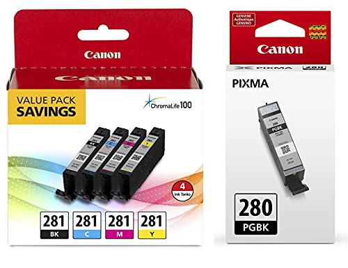Book Cover Canon CLI-281 BKCMY 4-Color Ink Tank Value Pack (2091C005) + Canon PGI-280 Pigment Black Ink Tank (2075C001)