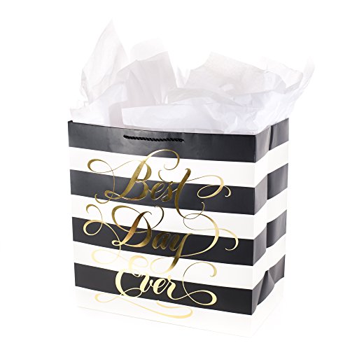 Book Cover Hallmark Wedding Grand Gift Bag with Tissue Paper (Best Day Ever, Black and White Stripes)