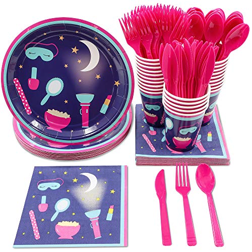 Book Cover Disposable Dinnerware Set - Serves 24 - Slumber Party Supplies for Kids Birthdays, Sleepovers, Includes Plastic Knives, Spoons, Forks, Paper Plates, Napkins, Cups
