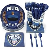 Juvale Police Theme Birthday Party Decorations - 144 Piece Set, Blue - Police Party Supplies with Disposable Plates, Cups, Napkins & Cutlery - Cop Car Birthday Decorations & Cake Accents for Kids