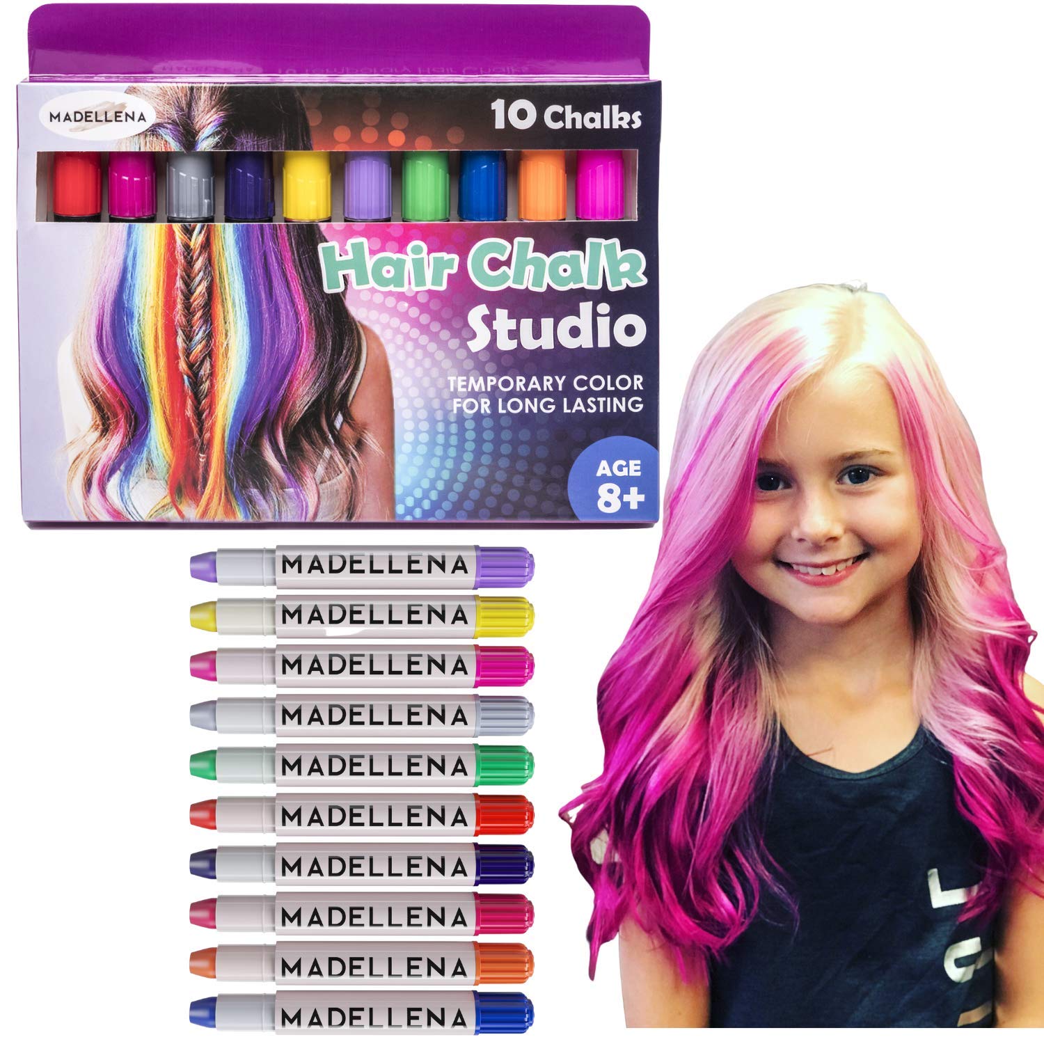 Book Cover Hair Chalk For Kids - Hair Chalk for Girls - 10 Piece Temporary Hair Chalks - Birthday Gifts For Girls - Hair Chalk - Kids Hair Dye - Gifts for Girls Ages 3, 4, 5 ,6 ,7, 8, 9, 10 yr olds