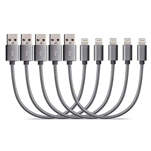Short Charging Cables [5 Pack 8 inches] BUENTEK Nylon Braided USB Cable Sturdy Charging Cord Compatibility with i OS System Device - Gray