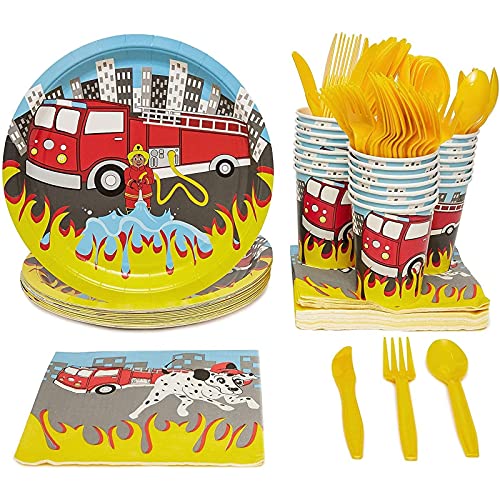 Book Cover Firetruck Birthday Party Decorations, Paper Plates, Napkins, Cups and Plastic Cutlery (Serves 24, 144 Pieces)