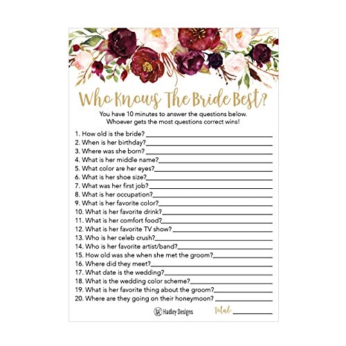 25 Cute Flowers How Well Do You Know The Bride Bridal Wedding Shower or Bachelorette Party Game Floral Who Knows The Best Does The Groom Couples Guessing Question Set of Cards Pack Printed Engagement