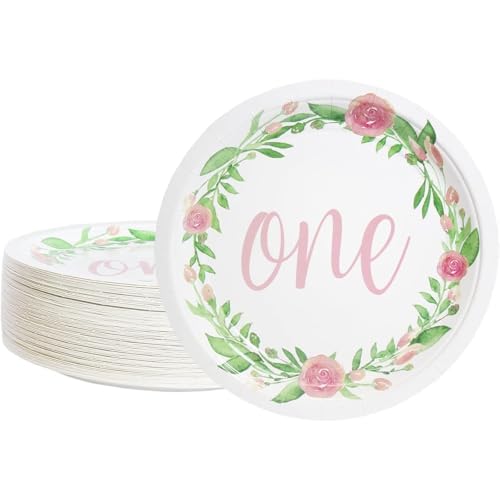 BLUE PANDA Paper Plates in Floral Design, 1st Birthday Party Supplies (9 In, 80 Count)