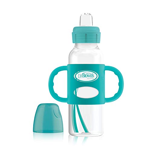 Dr. Brown’s® Milestones™ Narrow Sippy Bottle with 100% Silicone Handles, Easy-Grip Bottle with Soft Sippy Spout, 8oz/250mL, BPA Free, Turquoise, 6m+