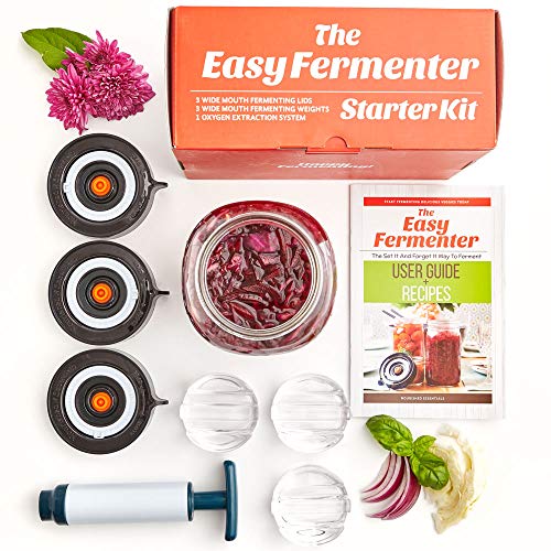 Nourished Essentials Fermentation Kit - 3 Fermentation Lids, 3 Glass Fermentation Weights, Pump - Pickle Making Starter Kit - Fermentation Set for Fermenting Sauerkraut, Kimchi, Pickles, Vegetable