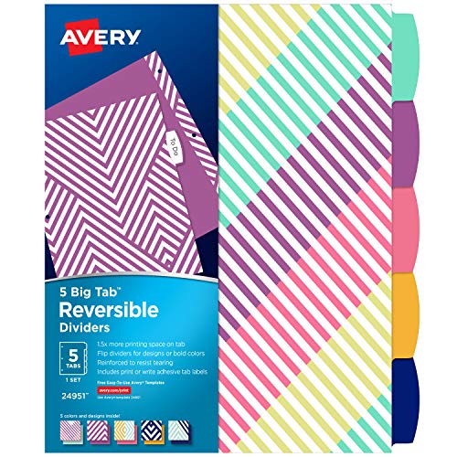 Avery 5 Tab Reversible Fashion Binder Dividers, Geometric Design, Big Tabs, 1 Set (24951)
