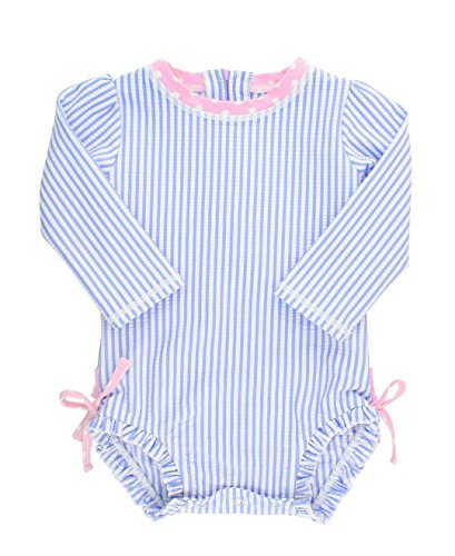 RuffleButts® Baby/Toddler Girls Long Sleeve One Piece Swimsuit - Blue Seersucker with UPF 50+ Sun Protection - 18-24m