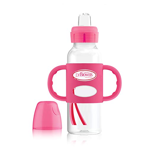 Book Cover Dr. Brown’s® Milestones™ Narrow Sippy Bottle with 100% Silicone Handles, Easy-Grip Bottle with Soft Sippy Spout, 8oz/250mL, BPA Free, Pink, 6m+