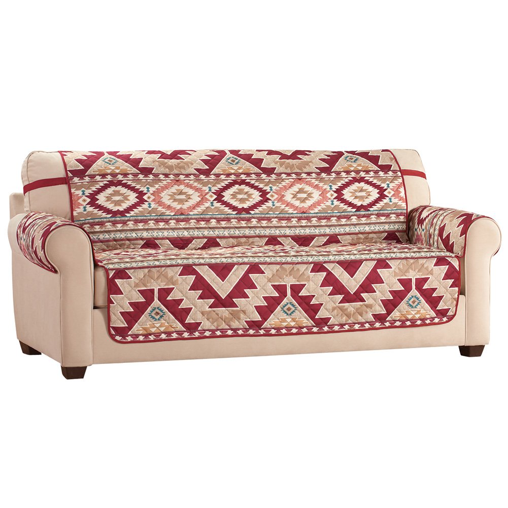 Collections Etc Aztec Southwest Patterned Furniture Cover with Bold Aztec Design and Solid Burgundy Reverse, Sofa
