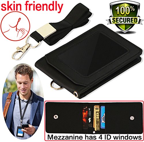 Badge Holder,Name Tags with Lanyard PU Leather ID Badge Holders ,Name Holder Vertical Badges 1 ID Window, 4 Card Slots, 1 piece 19" Neck Lanyard (Black Vertical)